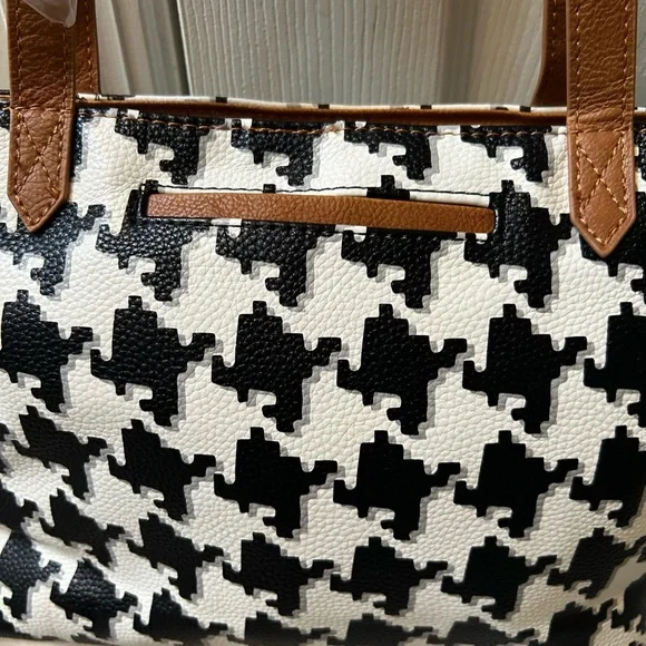New: Thirty-One Black & White Houndstooth Tote Bag with Tan Handles - Picture 3 of 7